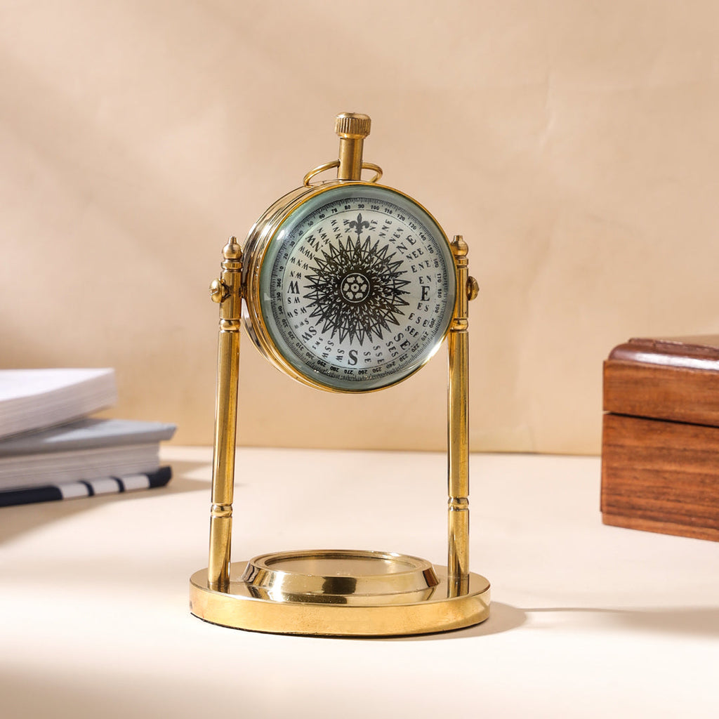 Brass Table Clock With Compass (5 Inch) Vedansh Craft