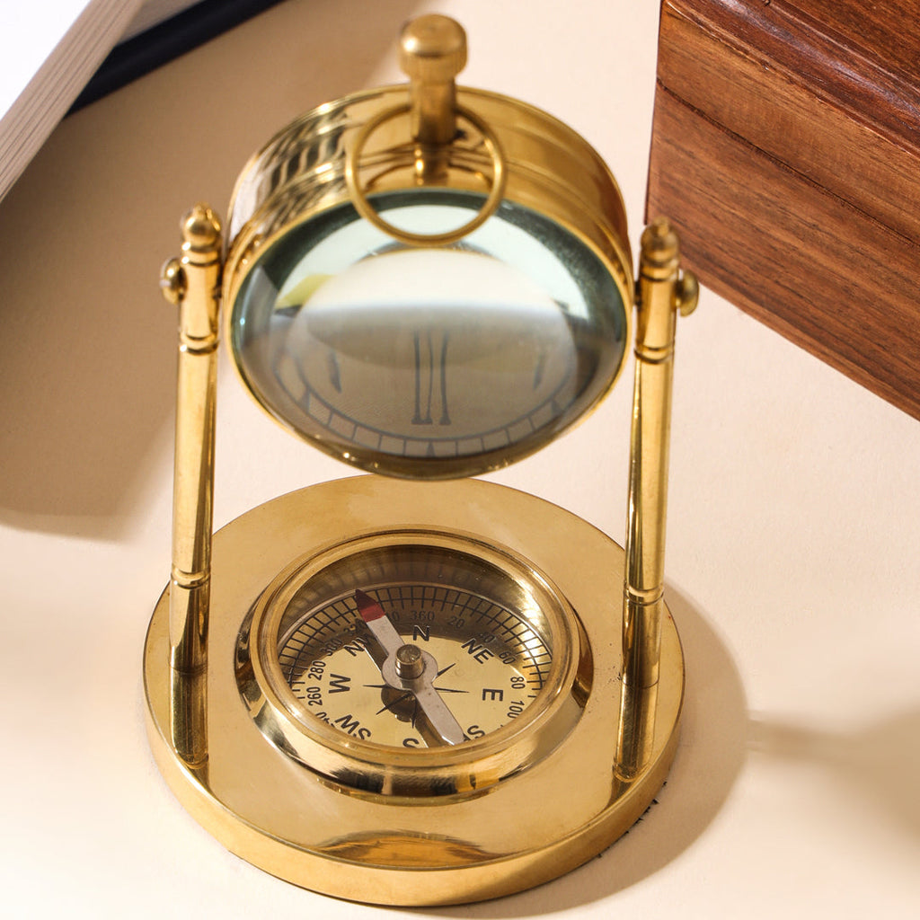 Brass Table Clock With Compass (5 Inch) Vedansh Craft