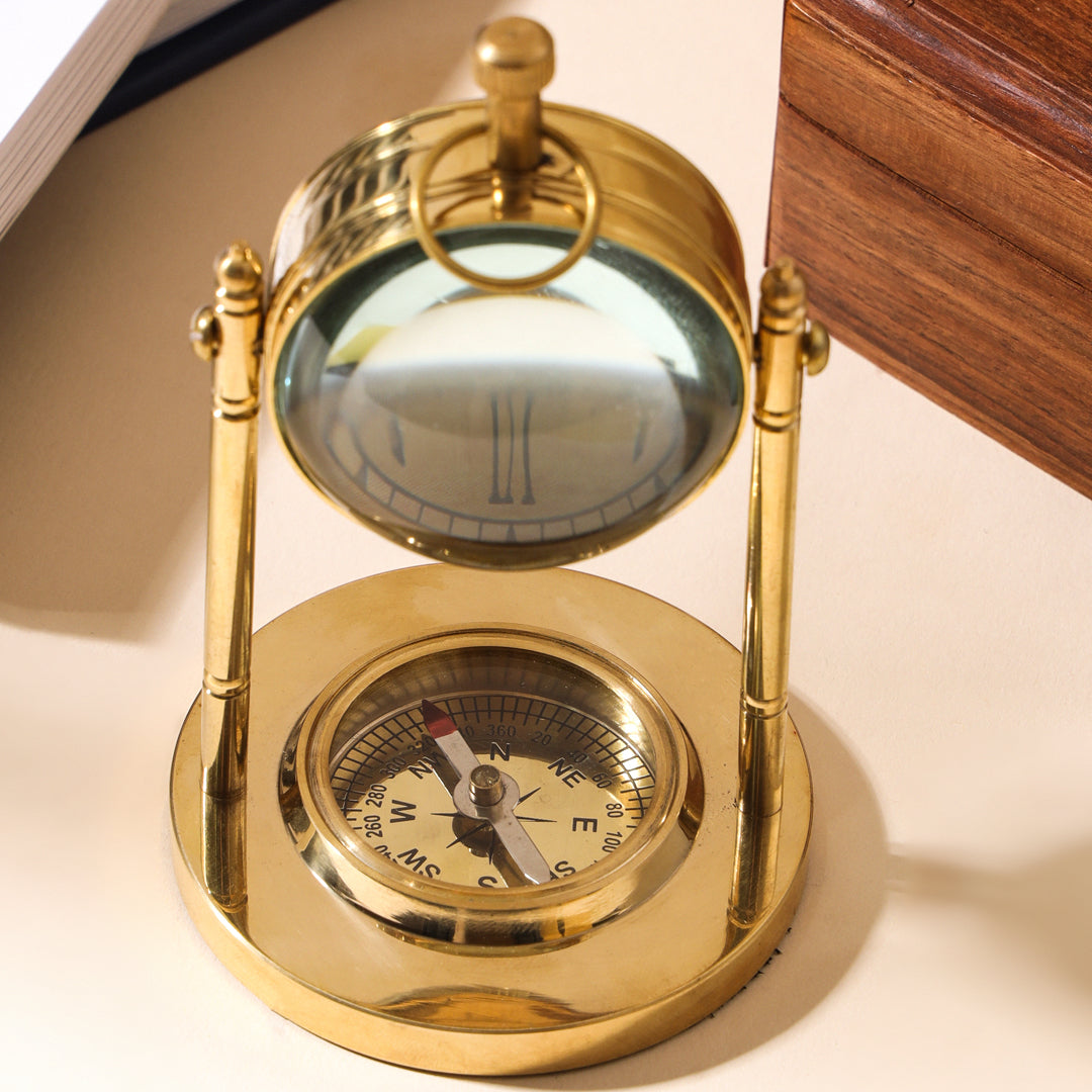 Brass Table Clock With Compass (5 Inch) Vedansh Craft