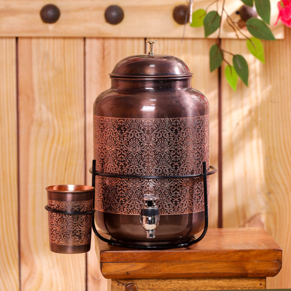 Copper Premium Water Dispenser with Glass & Stand (12 Inch) Vedansh Craft
