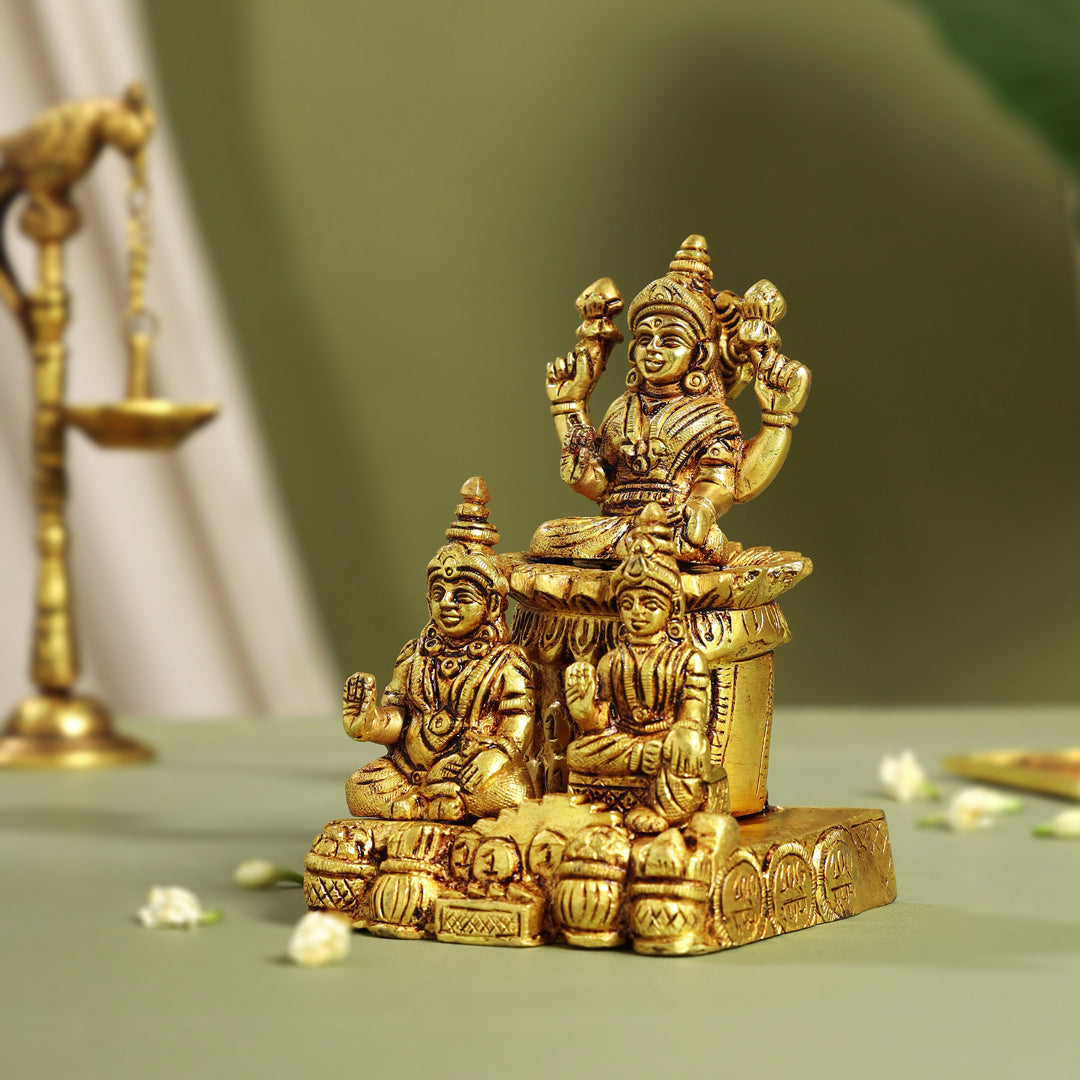 Brass Sitting Lakshmi, Kuber Statue With Chitralekha (6.2 Inch) Vedansh Craft