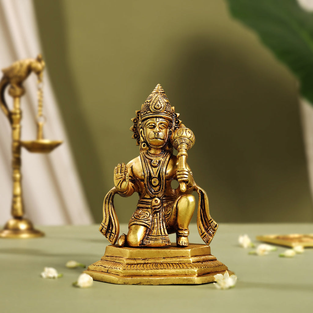Brass Blessing Sitting Hanuman With Base Idol (6.5 Inch) Vedansh Craft