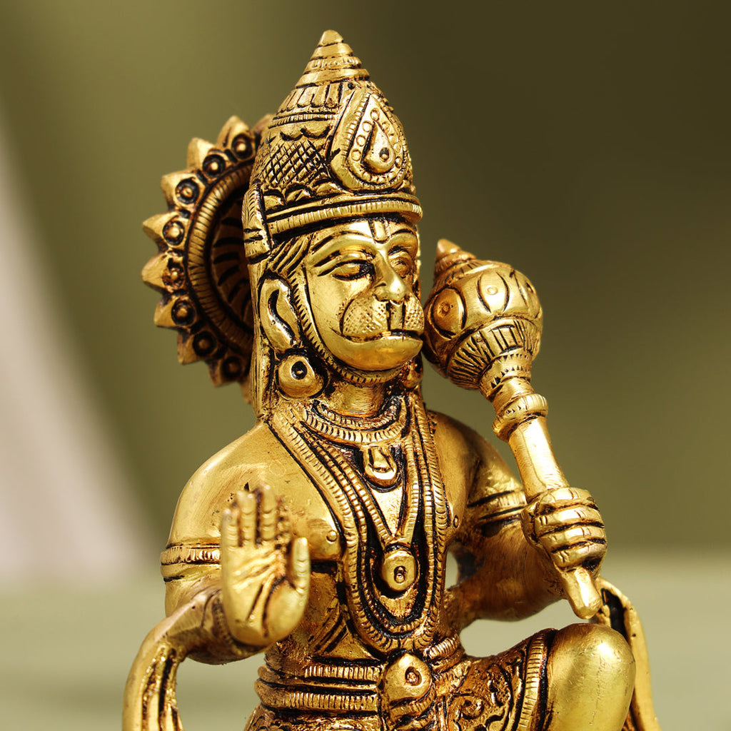 Brass Blessing Sitting Hanuman With Base Idol (6.5 Inch) Vedansh Craft