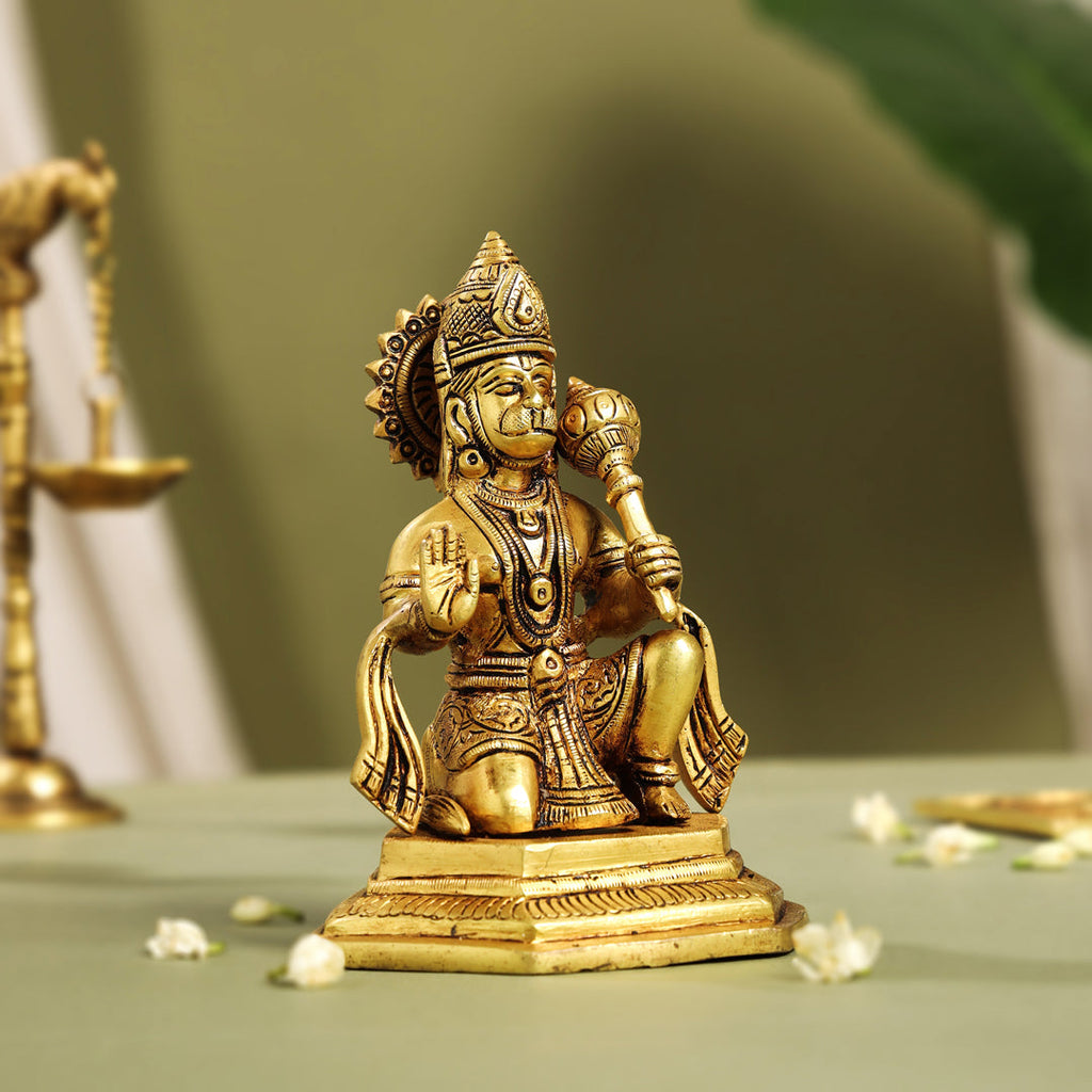 Brass Blessing Sitting Hanuman With Base Idol (6.5 Inch) Vedansh Craft