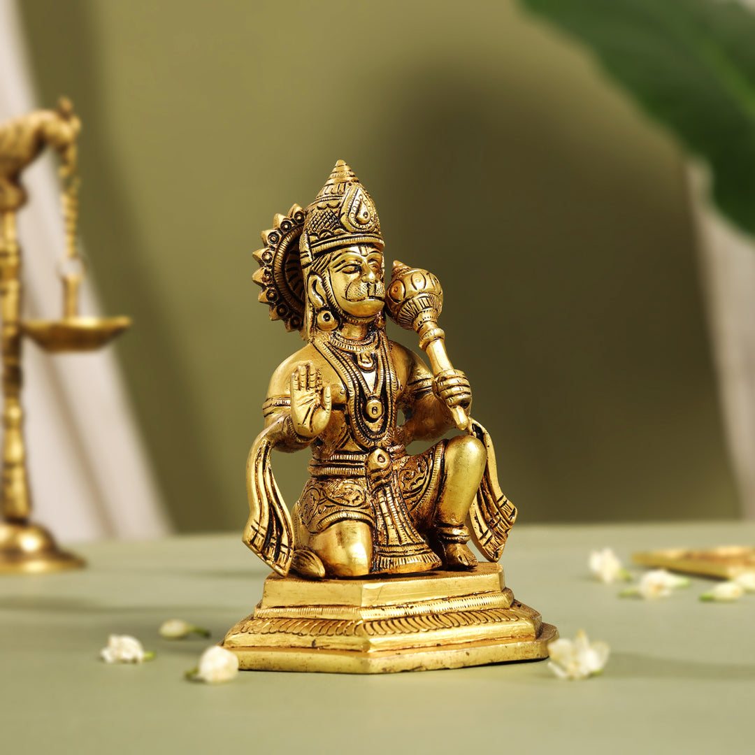 Brass Blessing Sitting Hanuman With Base Idol (6.5 Inch) Vedansh Craft
