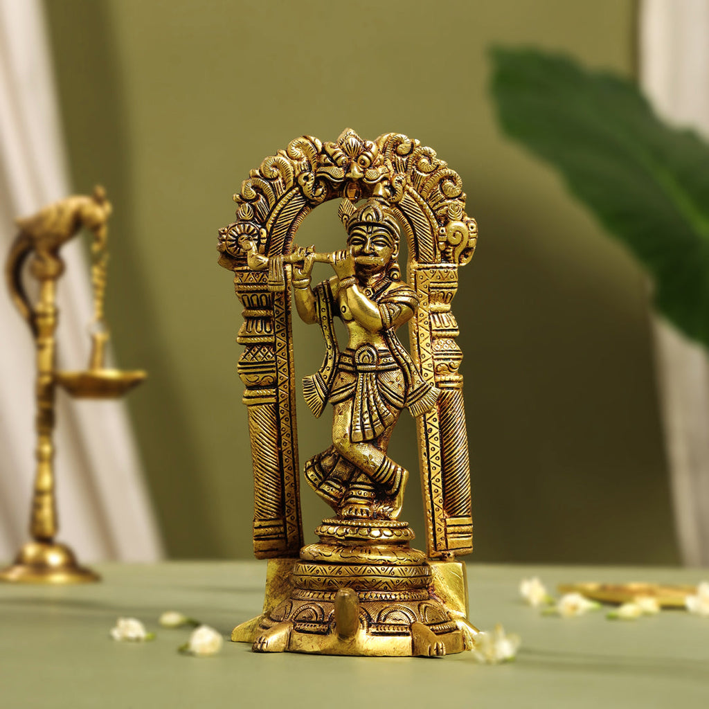 Brass Standing Lord Krishna Idol On Tortoise (8 Inch) Vedansh Craft