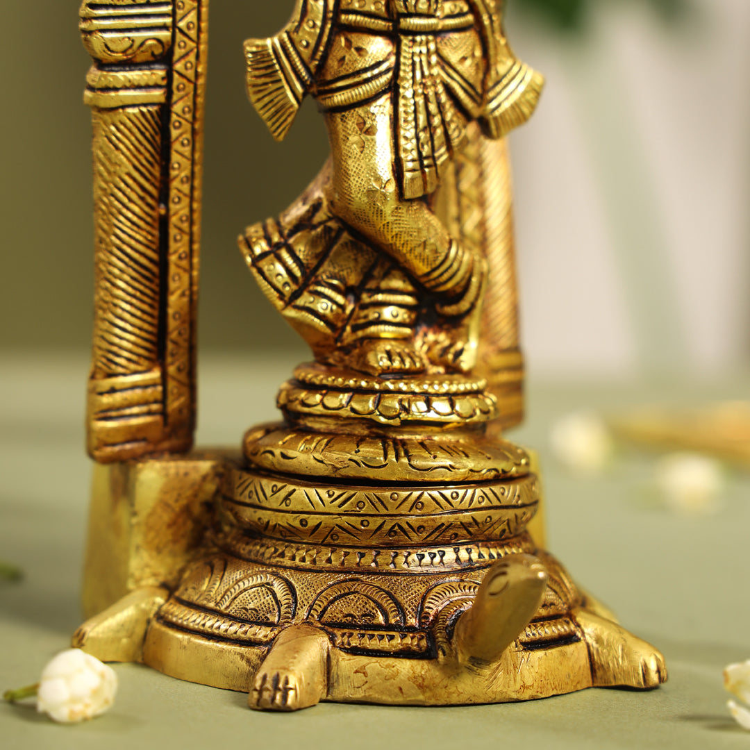 Brass Standing Lord Krishna Idol On Tortoise (8 Inch) Vedansh Craft