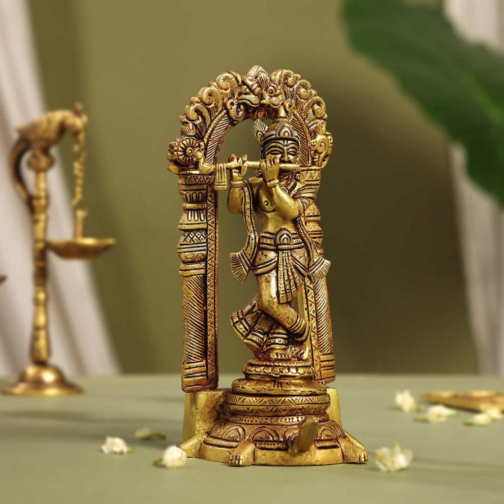 Brass Standing Lord Krishna Idol On Tortoise (8 Inch) Vedansh Craft