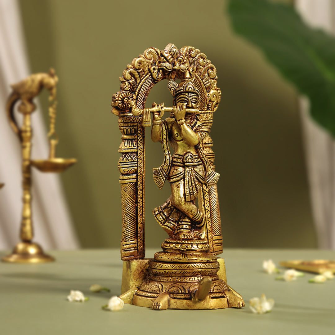 Brass Standing Lord Krishna Idol On Tortoise (8 Inch) Vedansh Craft