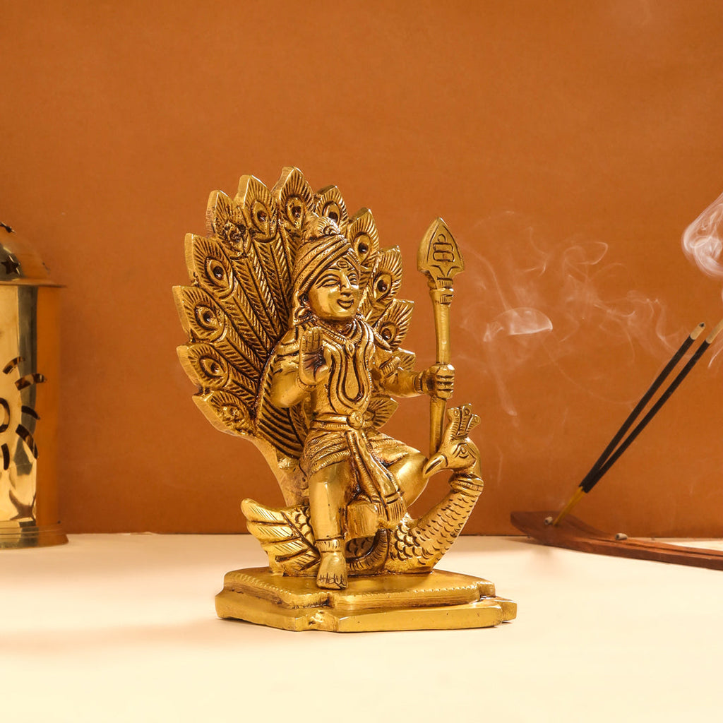 Brass Sitting Lord Murugan/Kartikeya Idol (6 Inch) Vedansh Craft