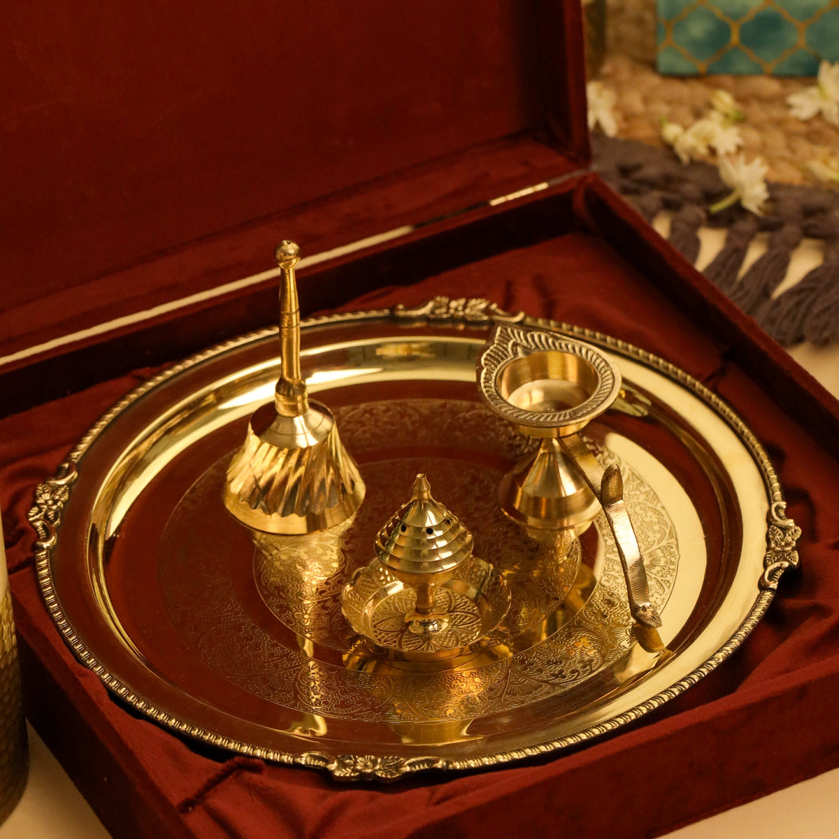 Brass Pooja Thali, Handbell, Agardan & Diya Gift Hamper Vedansh Craft