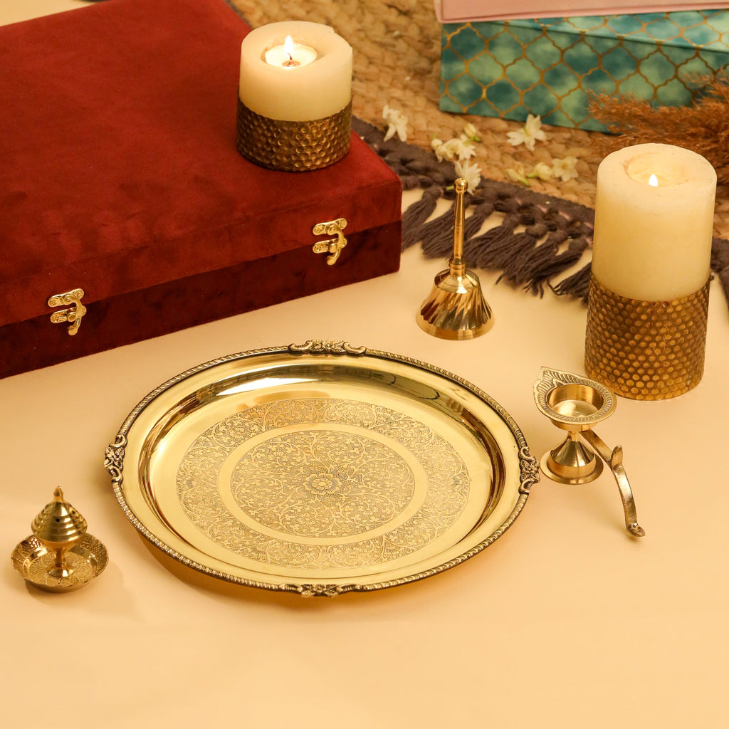 Brass Pooja Thali, Handbell, Agardan & Diya Gift Hamper Vedansh Craft
