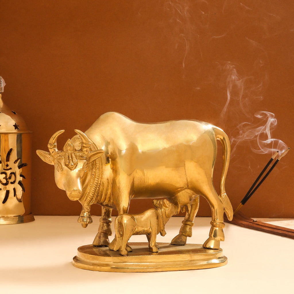 Brass Kamdhenu Cow With Calf Idol (6 Inch) Vedansh Craft