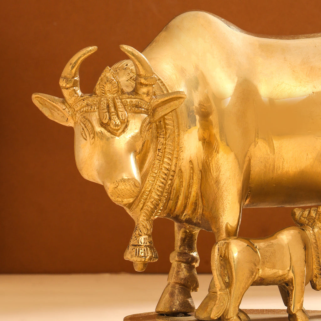 Brass Kamdhenu Cow With Calf Idol (6 Inch) Vedansh Craft