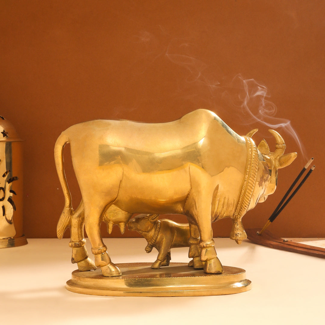 Brass Kamdhenu Cow With Calf Idol (6 Inch) Vedansh Craft