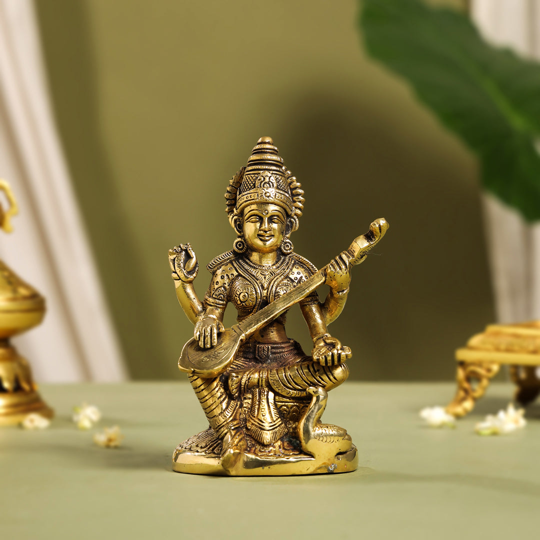 Brass Goddess Sitting Saraswati Idol (6.5 Inch) Vedansh Craft