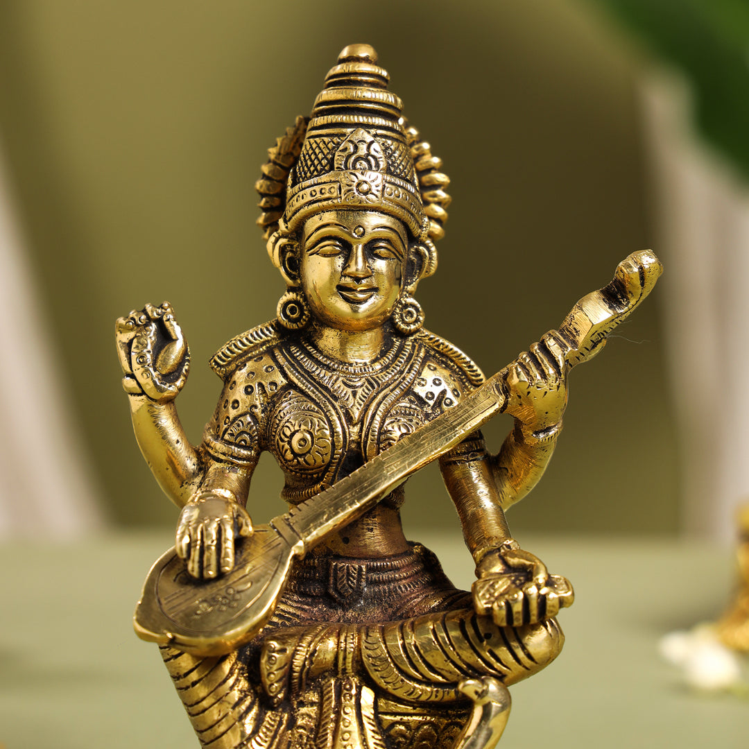Brass Goddess Sitting Saraswati Idol (6.5 Inch) Vedansh Craft