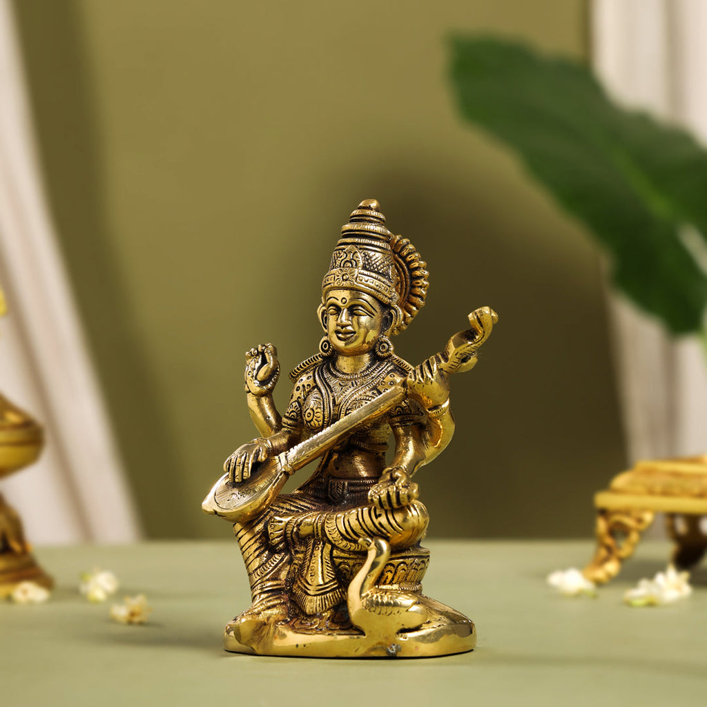 Brass Goddess Sitting Saraswati Idol (6.5 Inch) Vedansh Craft