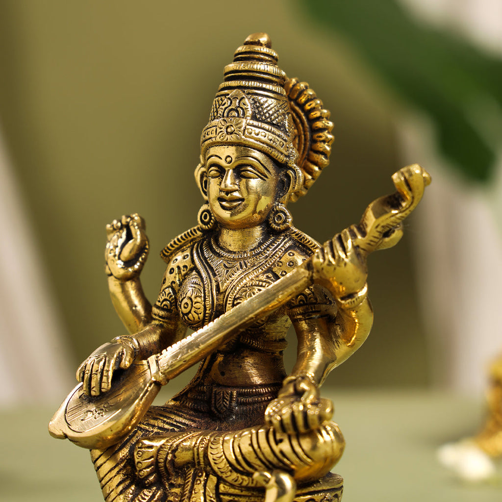 Brass Goddess Sitting Saraswati Idol (6.5 Inch) Vedansh Craft