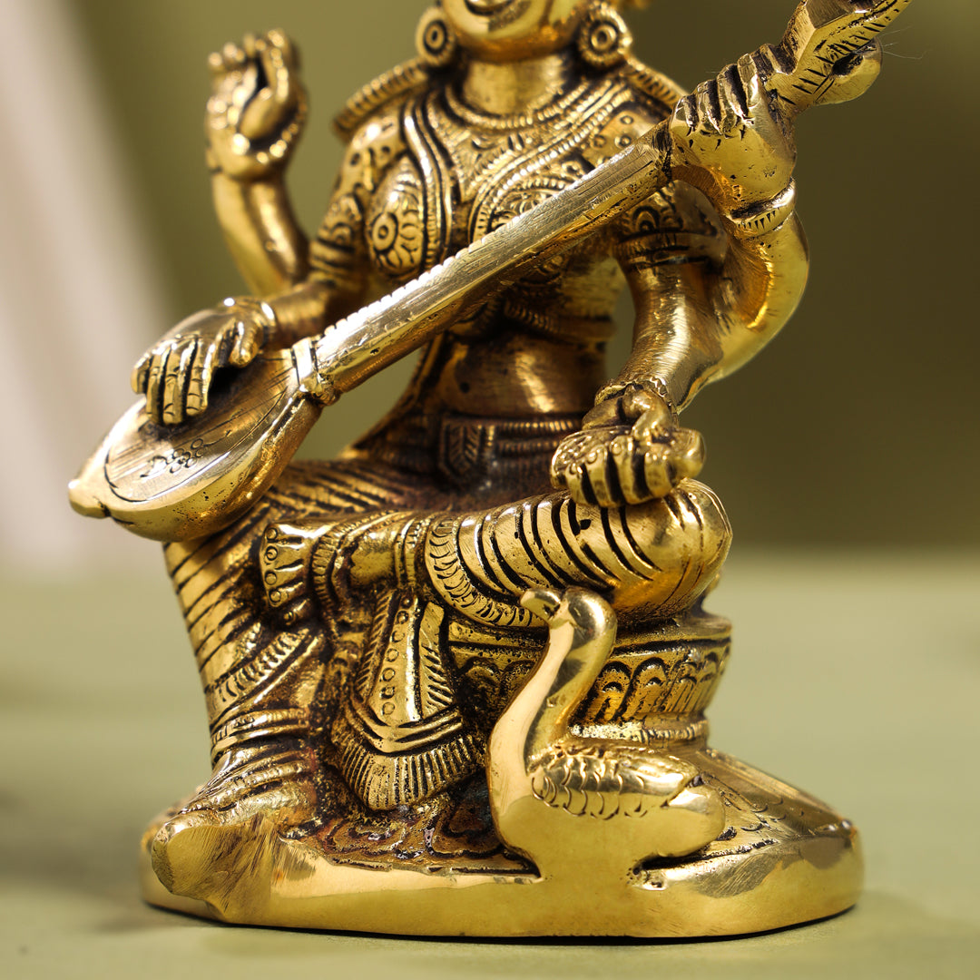 Brass Goddess Sitting Saraswati Idol (6.5 Inch) Vedansh Craft