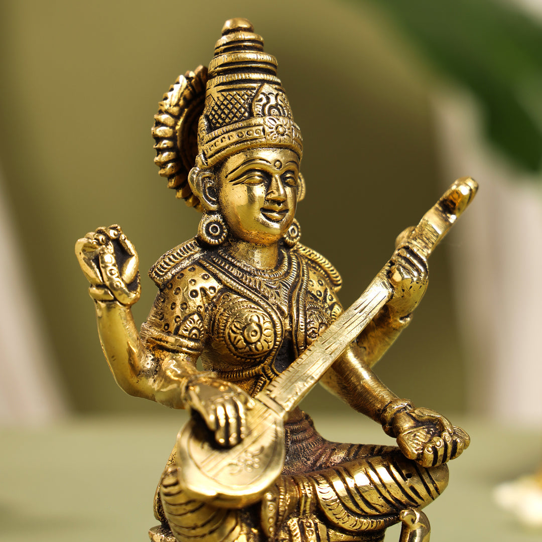 Brass Goddess Sitting Saraswati Idol (6.5 Inch) Vedansh Craft