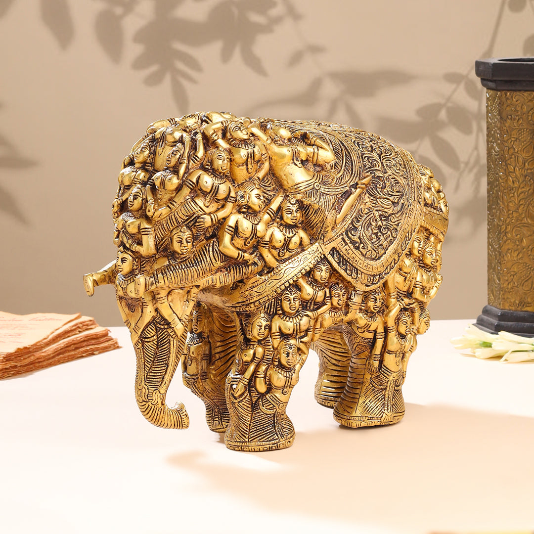 Brass Majestic Carved Elephant Statue (11 Inch) Vedansh Craft