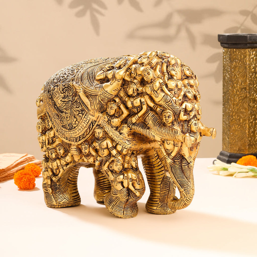 Brass Majestic Carved Elephant Statue (11 Inch) Vedansh Craft