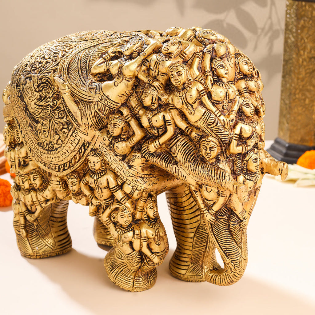 Brass Majestic Carved Elephant Statue (11 Inch) Vedansh Craft