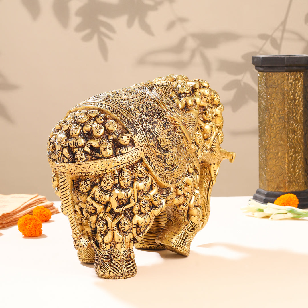 Brass Majestic Carved Elephant Statue (11 Inch) Vedansh Craft