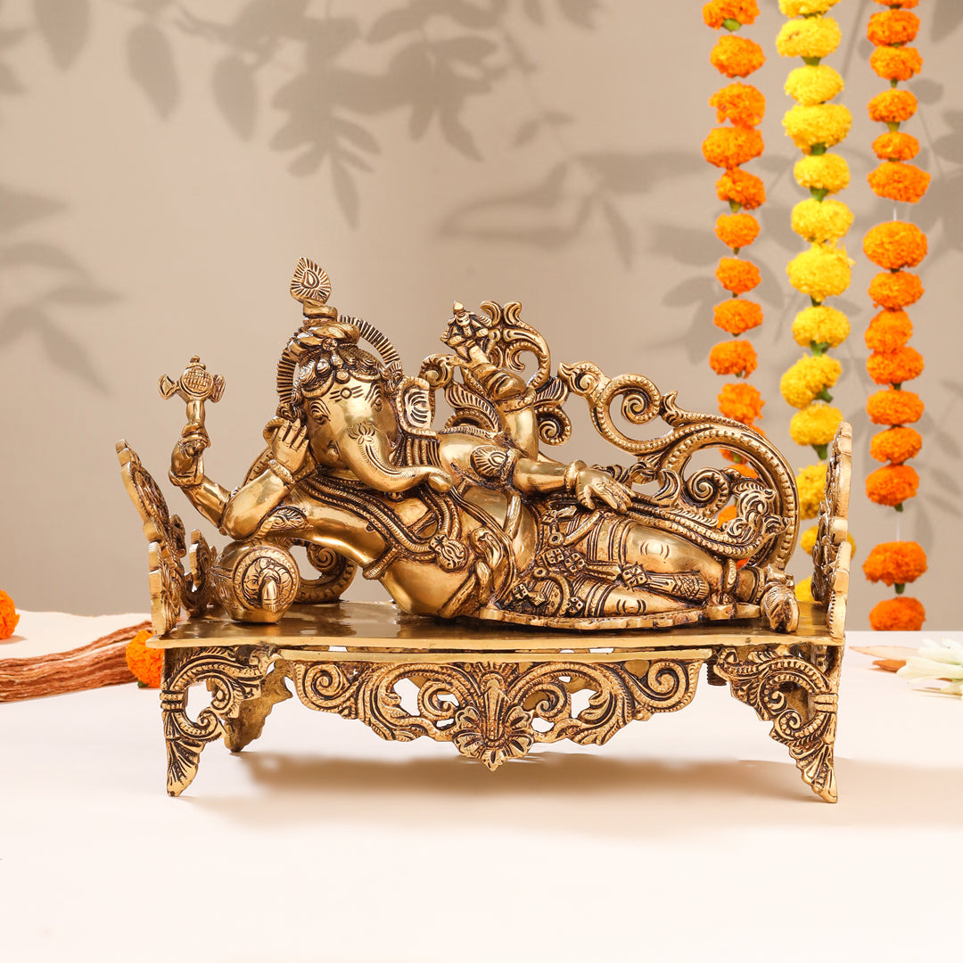 Brass Superfine Ganesha Resting On Couch (9 Inch) Vedansh Craft