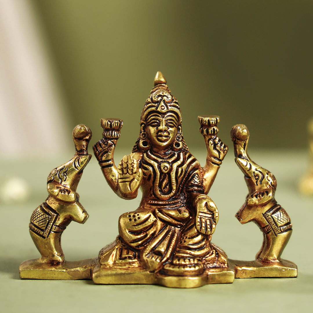 Brass Superfine Goddess Sitting Gaja Lakshmi Idol (3 Inch) Vedansh Craft
