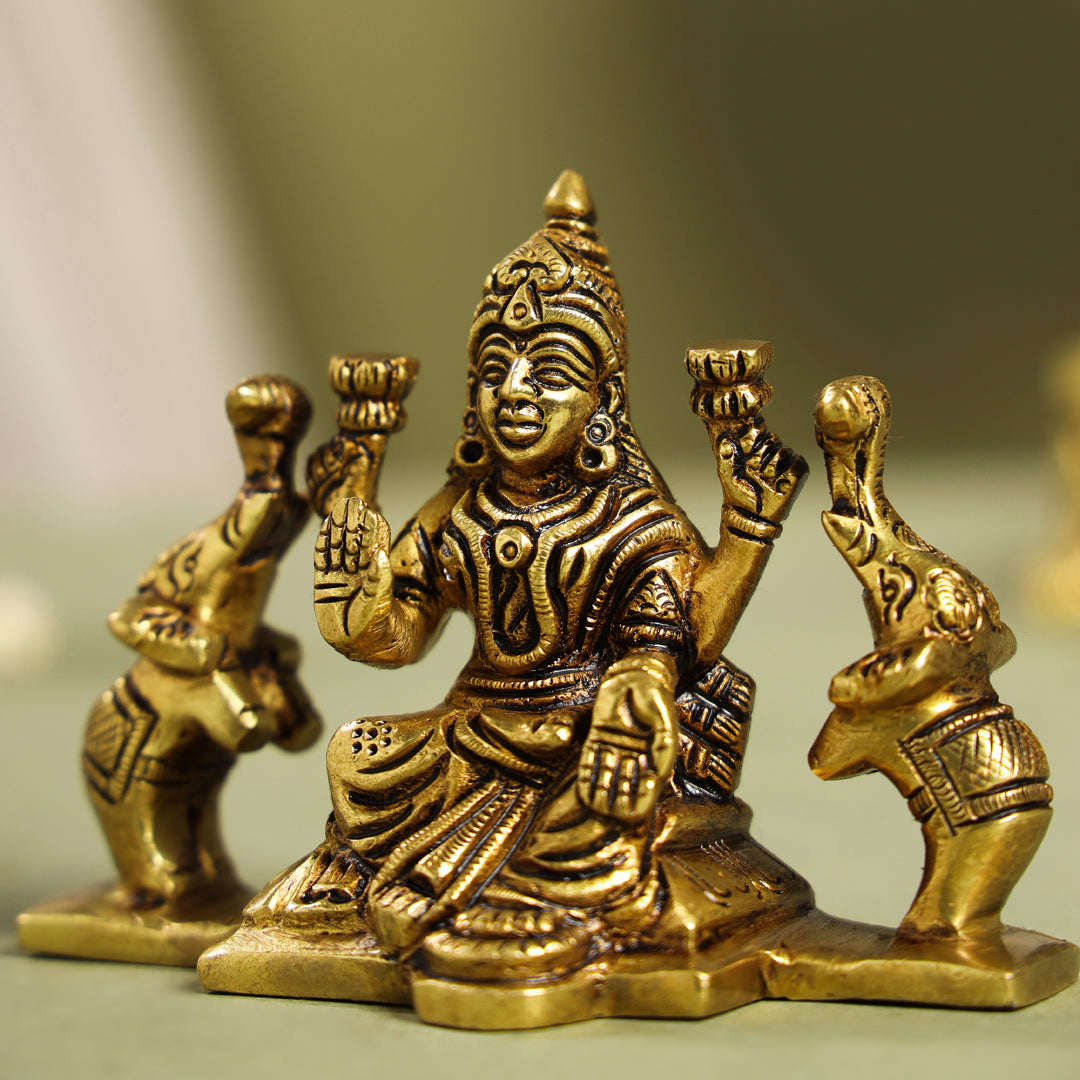 Brass Superfine Goddess Sitting Gaja Lakshmi Idol (3 Inch) Vedansh Craft
