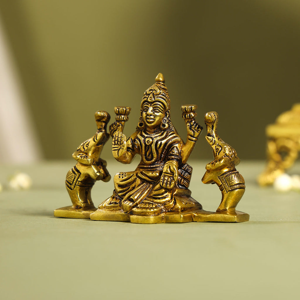 Brass Superfine Goddess Sitting Gaja Lakshmi Idol (3 Inch) Vedansh Craft