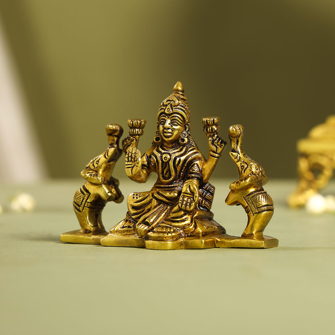 Brass Superfine Goddess Sitting Gaja Lakshmi Idol (3 Inch) Vedansh Craft