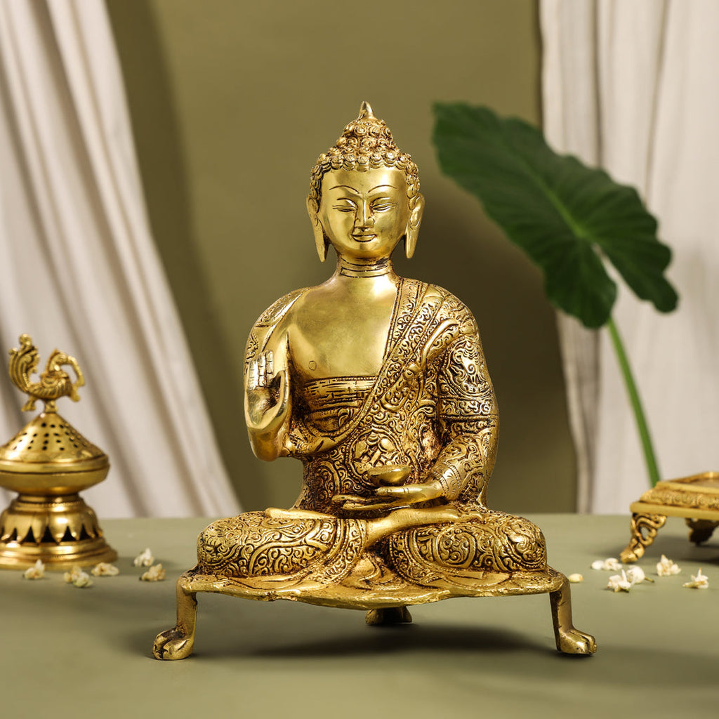 Brass Handcarved Blessing Buddha Idol (13 Inch) Vedansh Craft