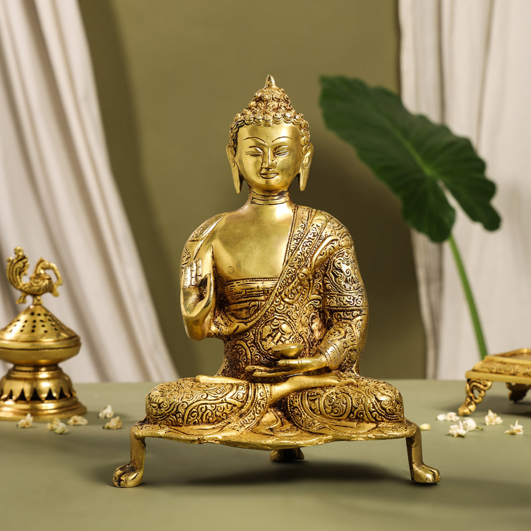 Brass Handcarved Blessing Buddha Idol (13 Inch) Vedansh Craft