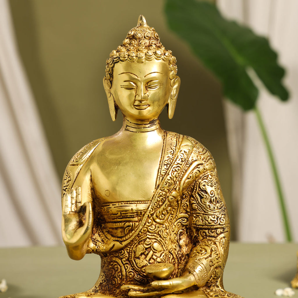 Brass Handcarved Blessing Buddha Idol (13 Inch) Vedansh Craft