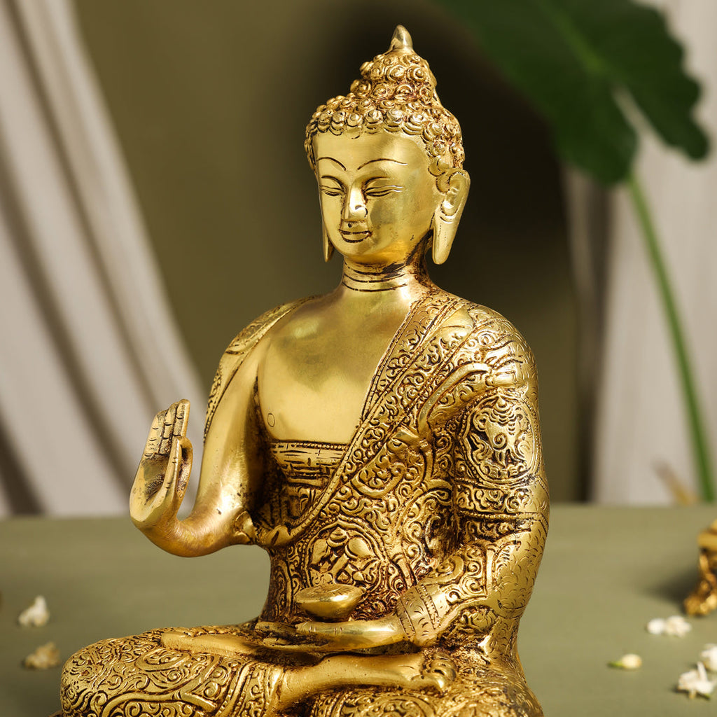 Brass Handcarved Blessing Buddha Idol (13 Inch) Vedansh Craft