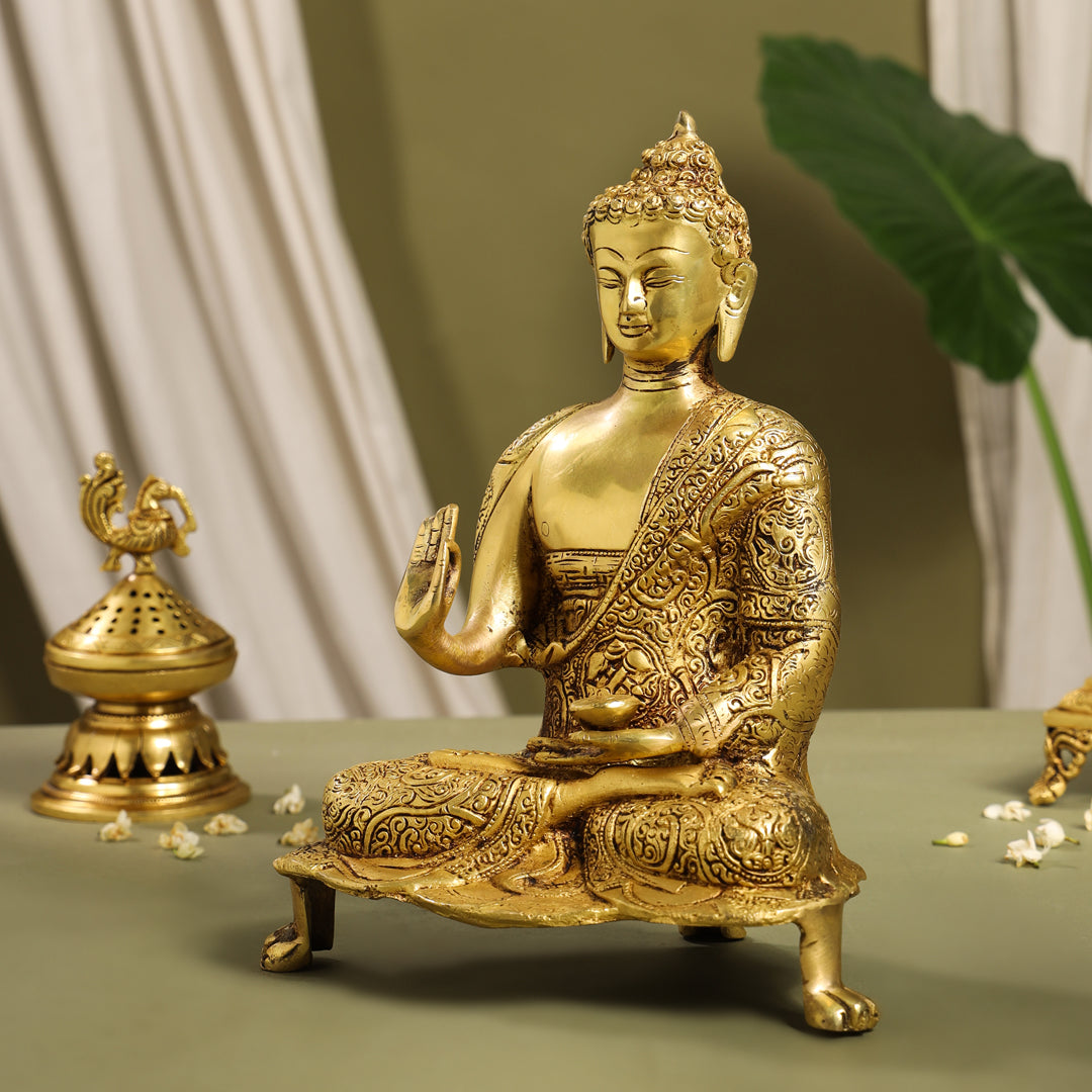 Brass Handcarved Blessing Buddha Idol (13 Inch) Vedansh Craft