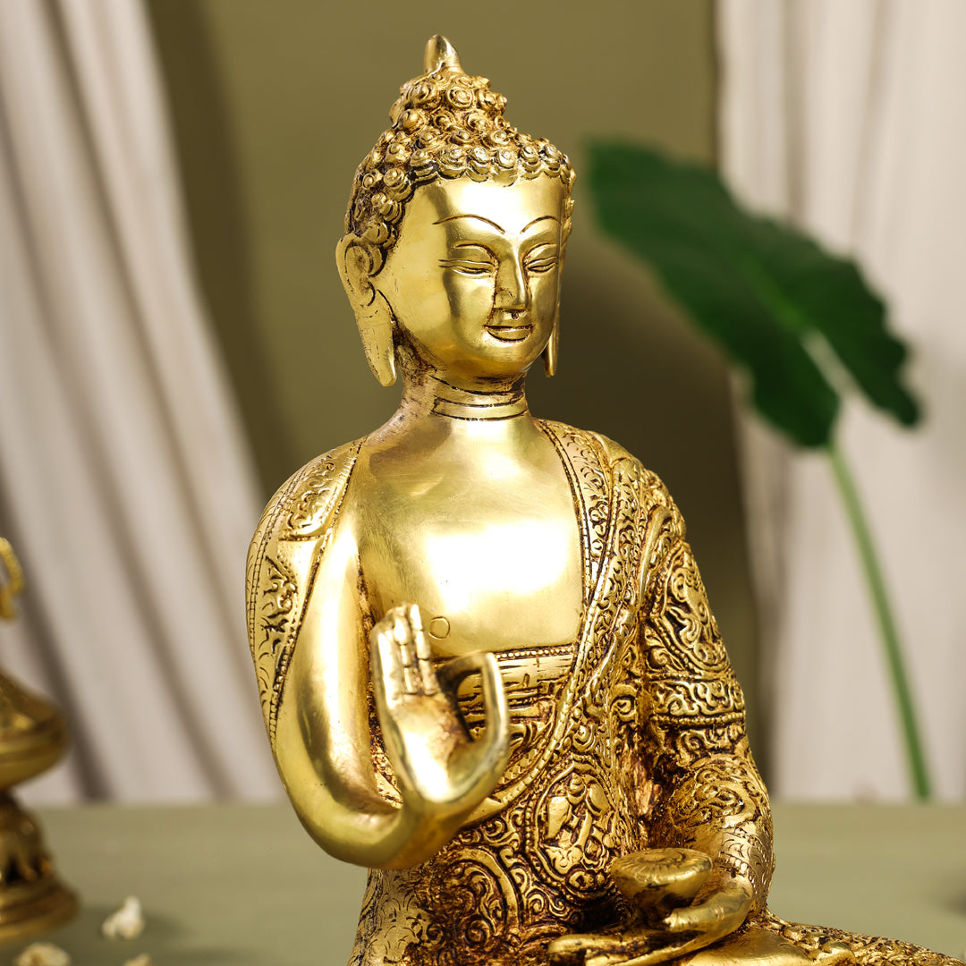 Brass Handcarved Blessing Buddha Idol (13 Inch) Vedansh Craft