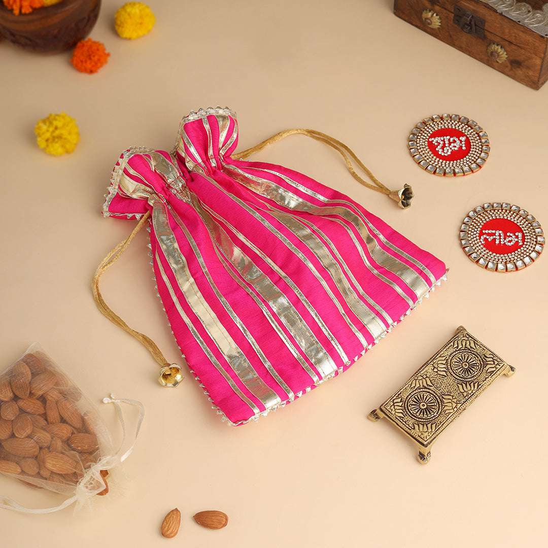 Brass Charan Paduka, Diya & Chowki Gift Festive Potli/Hamper Vedansh Craft
