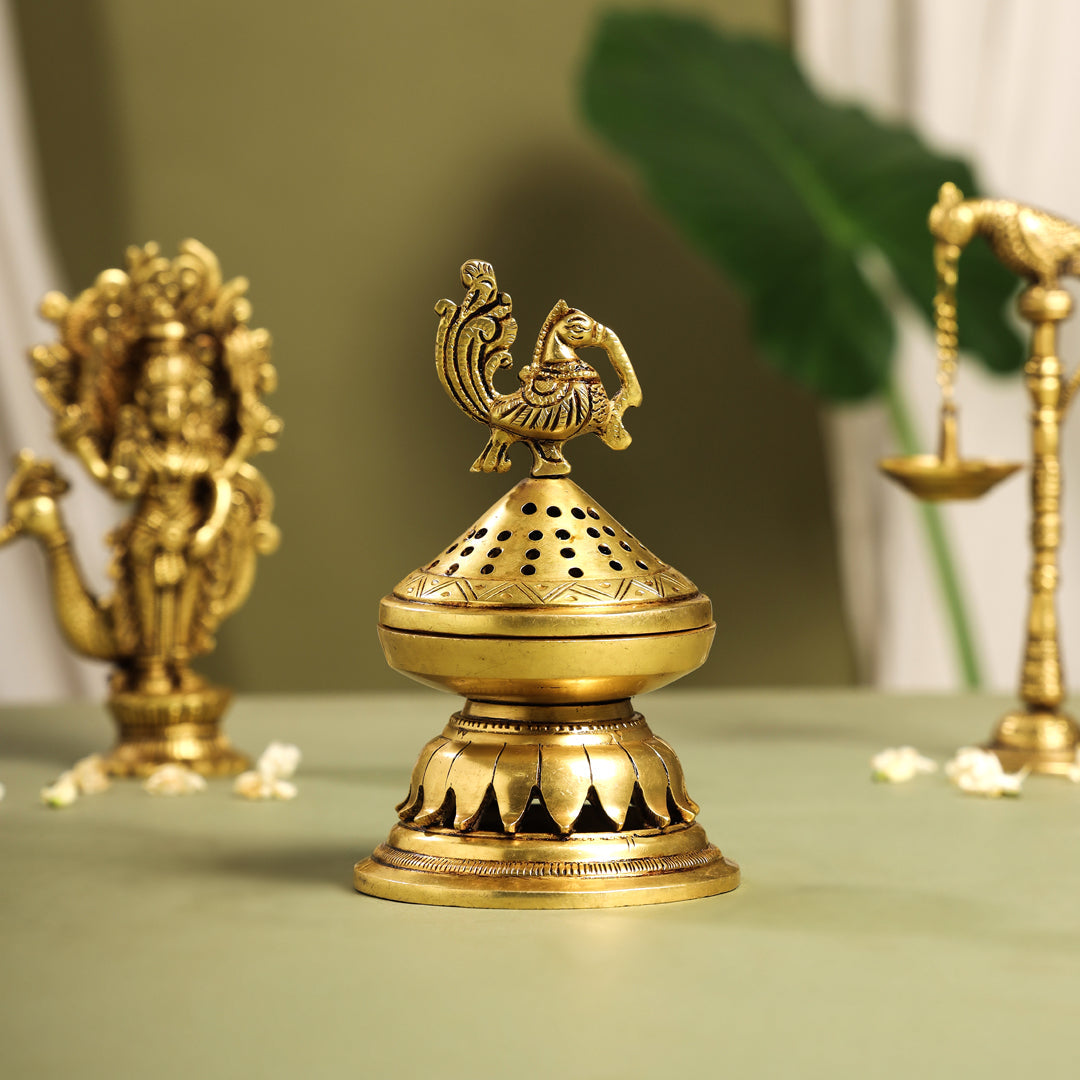 Brass Peacock Dhoop Dani & Incense Holder (6.5 Inch) Vedansh Craft