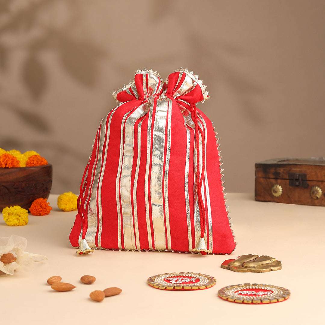 Brass Charan Paduka, Diya & Chowki Gift Festive Potli/Hamper Vedansh Craft