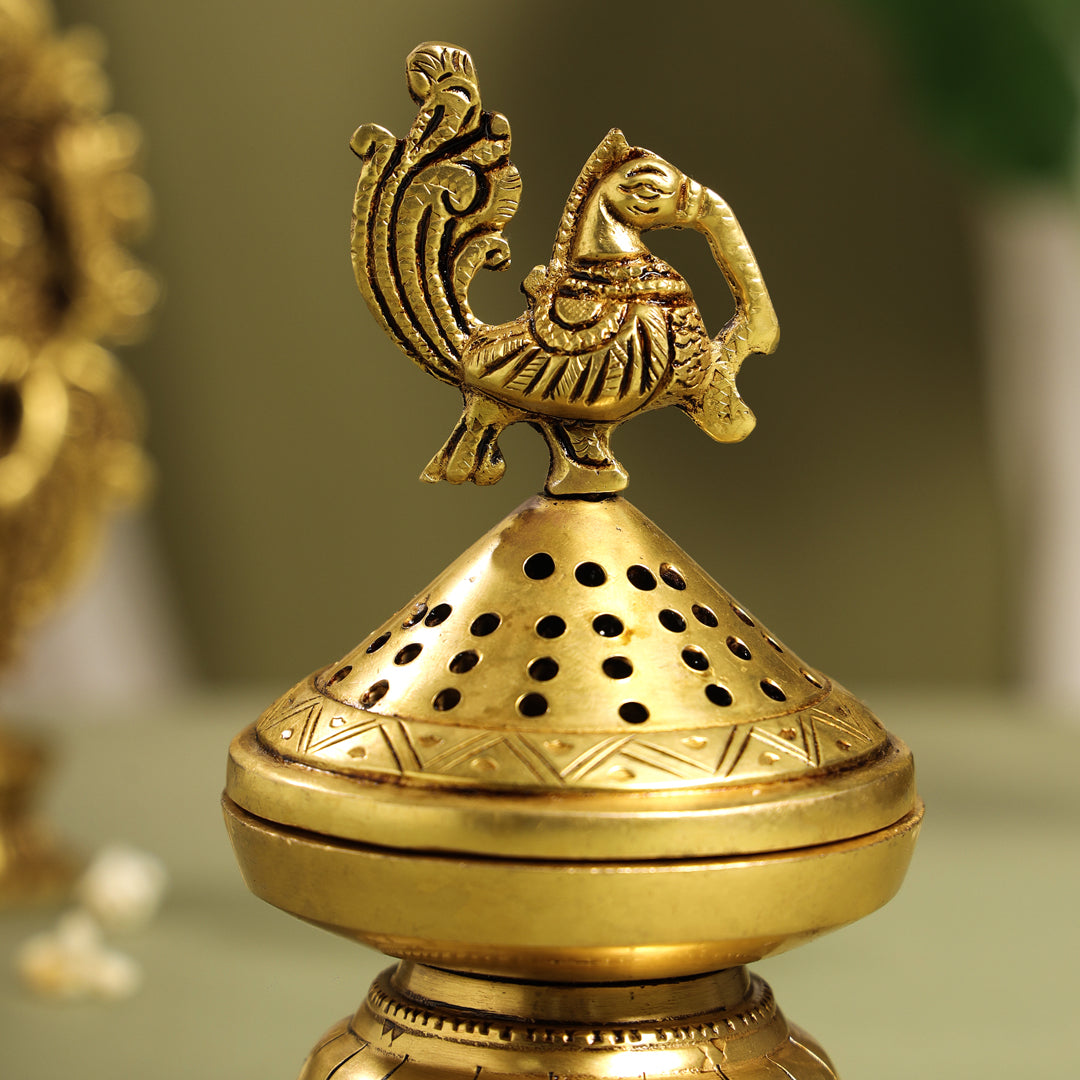 Brass Peacock Dhoop Dani & Incense Holder (6.5 Inch) Vedansh Craft