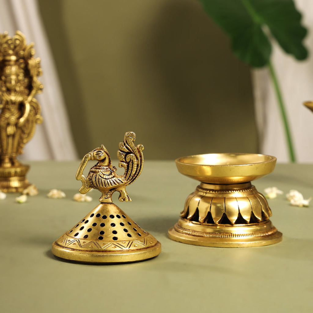 Brass Peacock Dhoop Dani & Incense Holder (6.5 Inch) Vedansh Craft