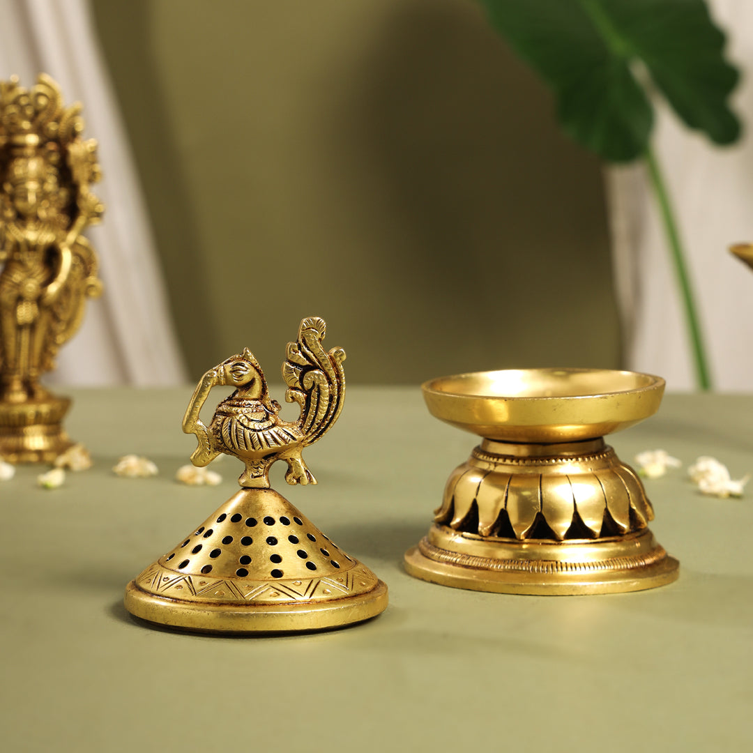 Brass Peacock Dhoop Dani & Incense Holder (6.5 Inch) Vedansh Craft