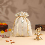 Brass Charan Paduka, Diya & Chowki Gift Festive Potli/Hamper Vedansh Craft