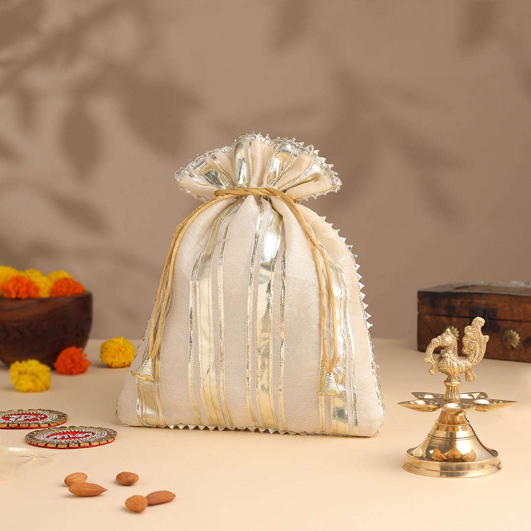 Brass Charan Paduka, Diya & Chowki Gift Festive Potli/Hamper Vedansh Craft