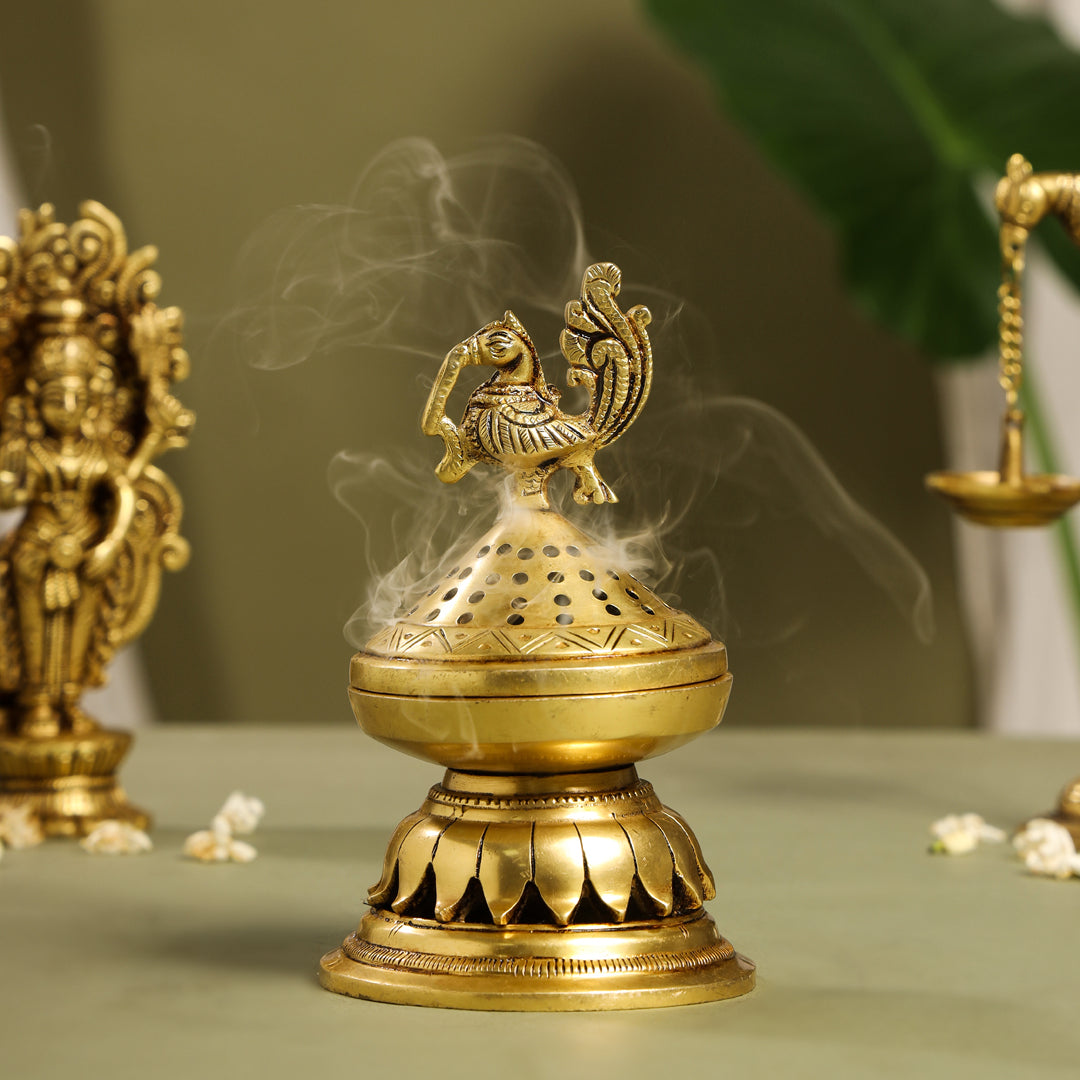 Brass Peacock Dhoop Dani & Incense Holder (6.5 Inch) Vedansh Craft