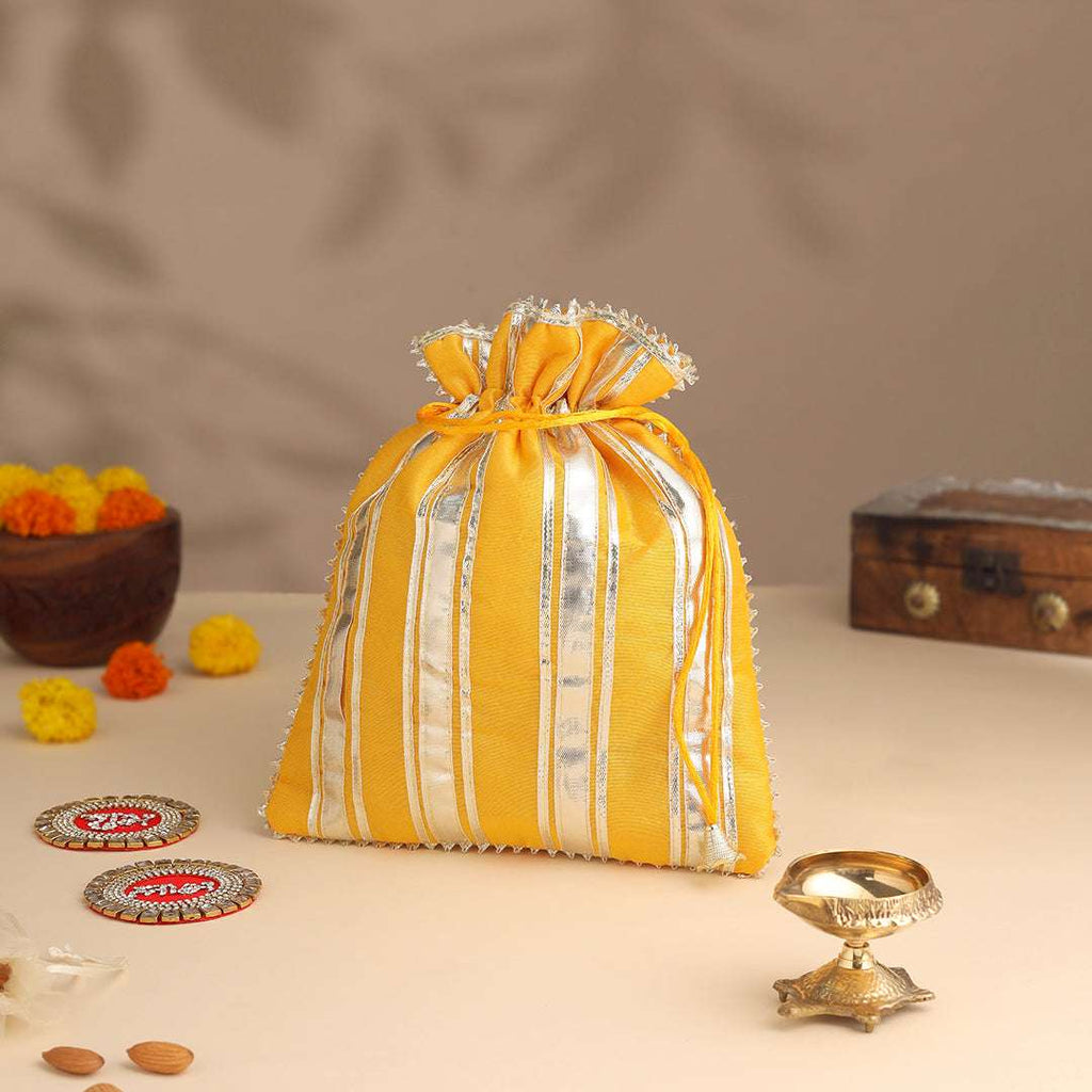 Brass Charan Paduka, Diya & Chowki Gift Festive Potli/Hamper Vedansh Craft